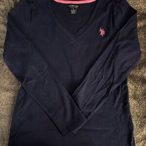 U.S. Polo Assn. Dark Blue V-Neck Shirt with Pink Emblem